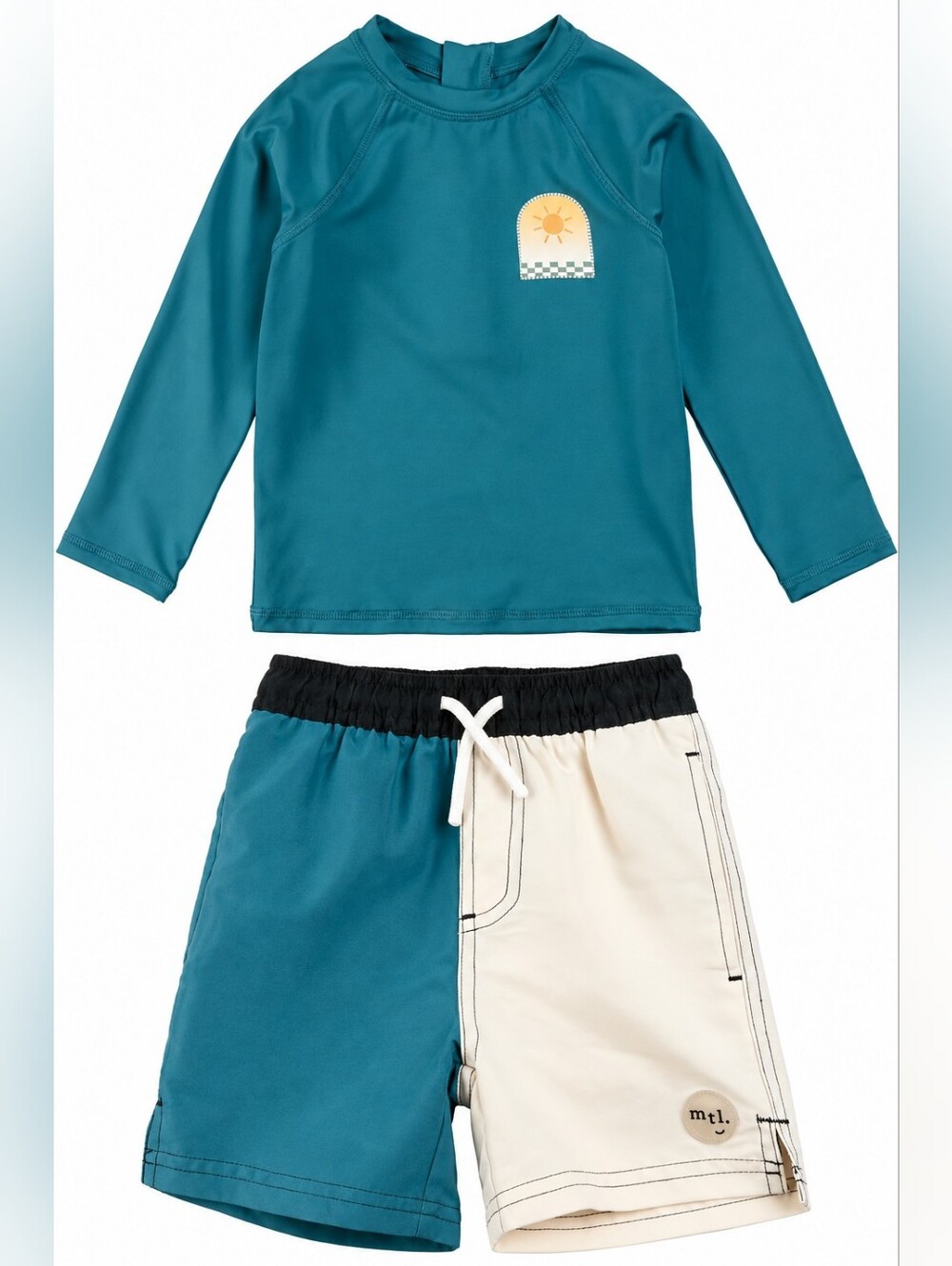 Miles The Label 5T Boys Swim Set Teal & Cream Long-Sleeve Rashguard Swim Trunks